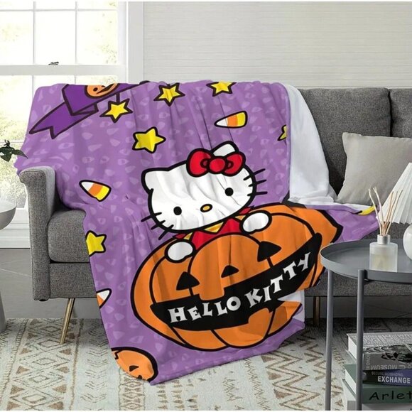Hello Kitty HALLOWEEN pumpkin Plush Blanket 59"x 79" Orange & Purple - Picture 4 of 7
